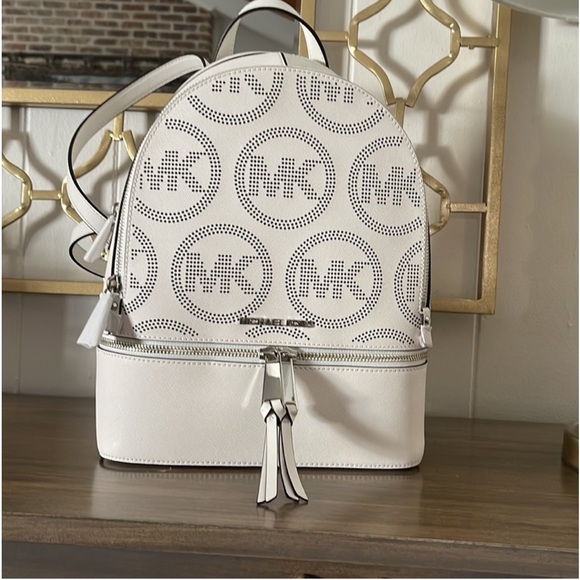 Michael Kors Rhea White/Silver Medium Leather Backpack - Picture 7 of 14